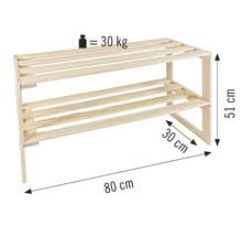 Skohylla i trä med två hyllor, mått 80 cm x 30 cm x 51 cm, maximal belastning 30 kg