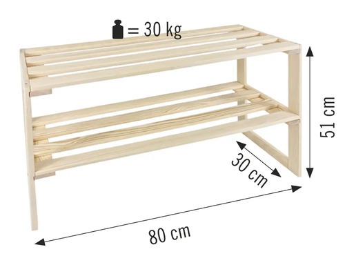 Skohylla i trä med två hyllor, mått 80 cm x 30 cm x 51 cm, maximal belastning 30 kg