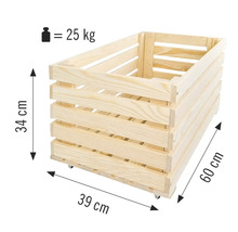 Trälåda med måtten 34 cm höjd, 39 cm bredd och 60 cm längd, maximal belastning 25 kg