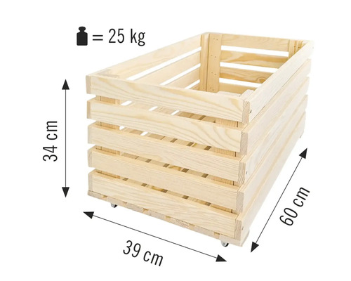 Trälåda med måtten 34 cm höjd, 39 cm bredd och 60 cm längd, maximal belastning 25 kg