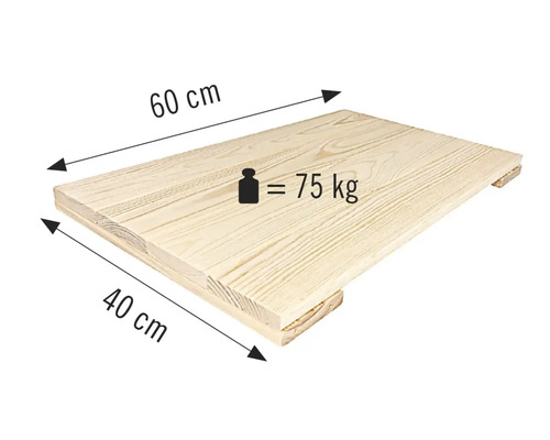 Träplatta med måtten 60 centimeter gånger 40 centimeter och en lastkapacitet på 75 kilogram