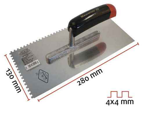 Tandspackel med måtten 280 gånger 130 millimeter och en tandning på 4 gånger 4 millimeter.