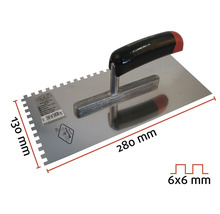 Maurerlob tandspackel med en storlek på 130 mm gånger 280 mm och en tandning på 6x6 mm.