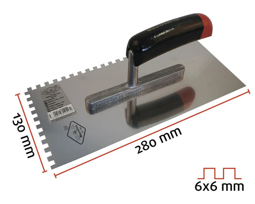 Maurerlob tandspackel med en storlek på 130 mm gånger 280 mm och en tandning på 6x6 mm.