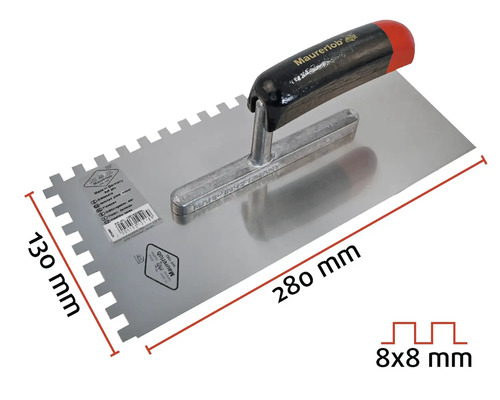 Tandad spackel med måtten 280 x 130 millimeter och en tandning på 8 x 8 millimeter
