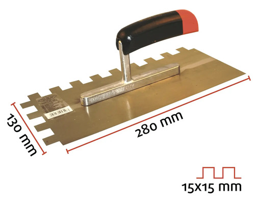Tandspackel med en storlek på 280 gånger 130 millimeter och en tandning på 15 gånger 15 millimeter.