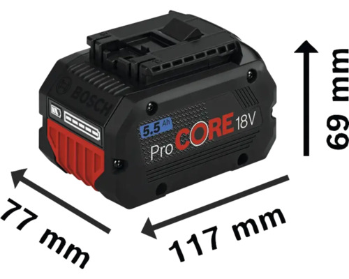Bosch ProCORE 18V 5.5Ah batteripaket med måttangivelser