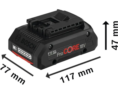 Bosch ProCore 18V 4.0 Ah batteri med måtten 77 mm x 117 mm x 47 mm