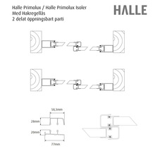 Teknisk ritning av Halle Primolux skjutdörrsparti med hakregellås och mått i millimeter.