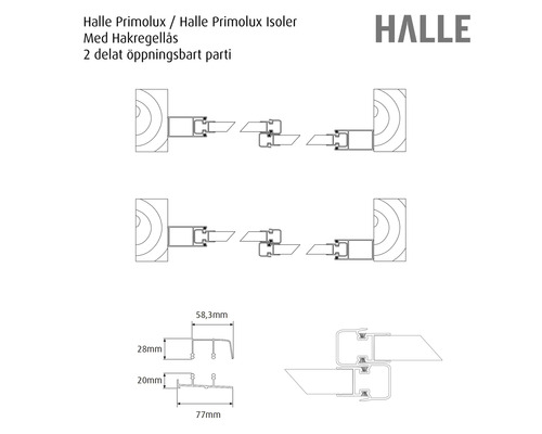 Teknisk ritning av Halle Primolux skjutdörrsparti med hakregellås och mått i millimeter.