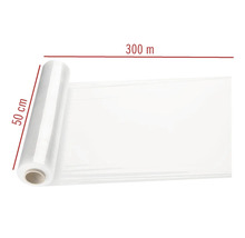 Rulle med transparent stretchfilm, 50 centimeter bred och 300 meter lång, för lastsäkring.