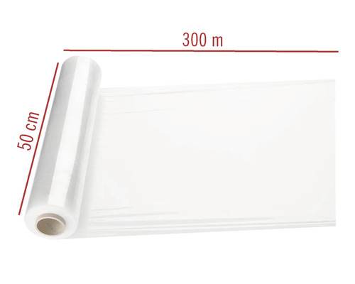 Rulle med transparent stretchfilm, 50 centimeter bred och 300 meter lång, för lastsäkring.