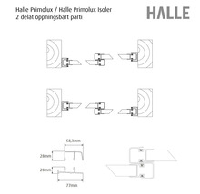 Halle Logo. Teknisk ritning av Halle Primolux 2-delat öppningsbart parti med tvärsnitt och mått på 58,3, 28, 20 och 77 millimeter.