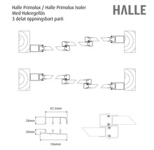 Teknisk ritning Halle Primolux och Isoler, tredelat öppningsbart parti med hakregellås, mått i millimeter samt Halle Logo.