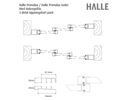 Teknisk ritning Halle Primolux och Isoler, tredelat öppningsbart parti med hakregellås, mått i millimeter samt Halle Logo.