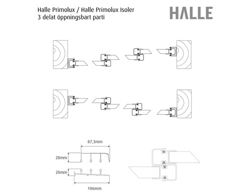 Teknisk ritning av Halle Primolux tredelade öppningsbara parti med profilmått i millimeter och tvärsnitt.