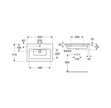 Teknisk ritning av ett tvättställ med måttangivelser