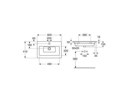 Teknisk ritning av ett tvättställ med måttangivelser