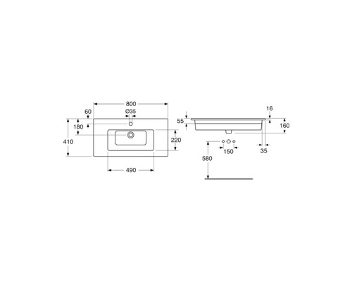 Teknisk ritning av ett tvättställ med mått