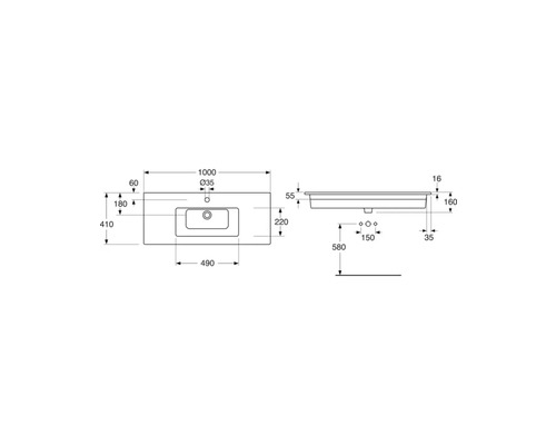 Teknisk ritning av ett tvättställ med mått.