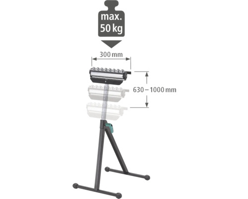 Materialstativ med en maximal lastkapacitet på 50 kilogram, 300 millimeter rullbredd och 630 till 1000 millimeter höjd