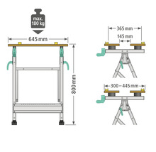 Mått och maximal belastning för arbetsbänken som visas.