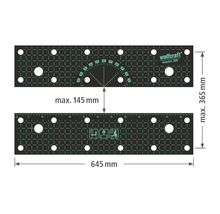 Wolfcraft Master 200 arbetsbänksskiva med måtten maximalt 365 gånger 645 millimeter och maximal spännvidd på 145 millimeter