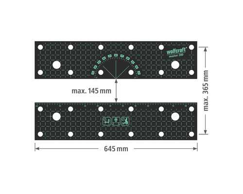 Wolfcraft Master 200 arbetsbänksskiva med måtten maximalt 365 gånger 645 millimeter och maximal spännvidd på 145 millimeter