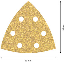 Triangulärt slippapper med en kantlängd på 93 mm och sex hål