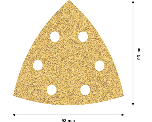 Triangulärt slippapper med en kantlängd på 93 mm och sex hål