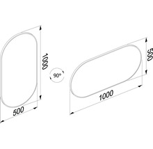 Teknisk ritning av en badrumsspegel med måtten 1000 x 500 mm.