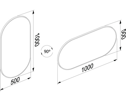 Teknisk ritning av en badrumsspegel med måtten 1000 x 500 mm.