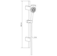 Ritning av ett duschset med en längd på 660 mm och ett duschhuvud med en diameter på 100 mm samt en slang med en längd på 1,5 m.