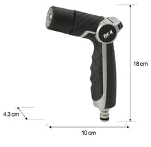 Trädgårdsspruta med måtten: 18 cm hög, 10 cm lång och 4,3 cm bred