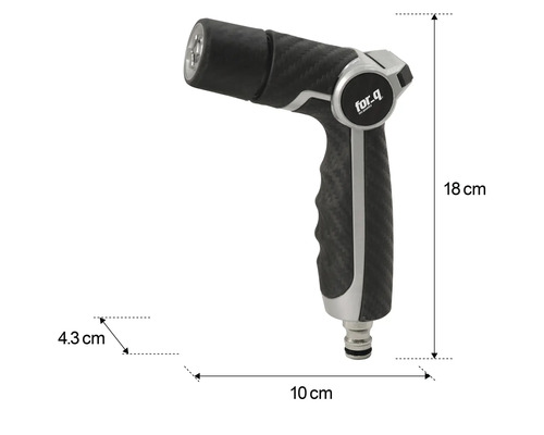 Trädgårdsspruta med måtten: 18 cm hög, 10 cm lång och 4,3 cm bred