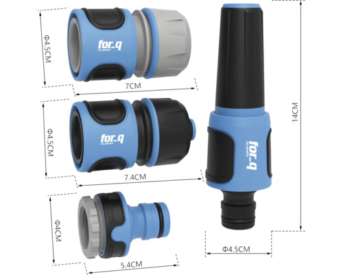 Trädgårdsslanganslutningsset med slangkoppling, vattenstopp och sprutmunstycke från for-q