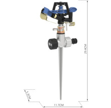 Trädgårdsspridare med jordspik och måttangivelser