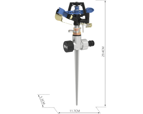 Trädgårdsspridare med jordspik och måttangivelser