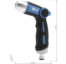 Trädgårdsspruta av plast med for_q logotyp och måttangivelser