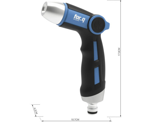 Trädgårdsspruta av plast med for_q logotyp och måttangivelser