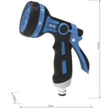 Trädgårdssprutpistol med olika stråltyper och måtten 19,4 cm höjd, 15 cm längd och 6,6 cm bredd.