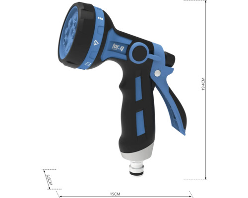 Trädgårdssprutpistol med olika stråltyper och måtten 19,4 cm höjd, 15 cm längd och 6,6 cm bredd.