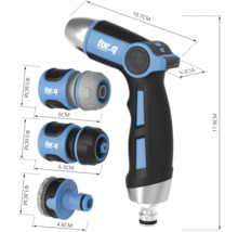 Trädgårdsspruta med olika anslutningsstycken och måttangivelser