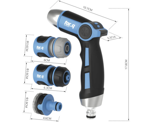 Trädgårdsspruta med olika anslutningsstycken och måttangivelser