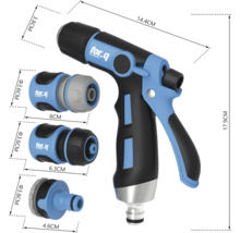 For Q Logo trädgårdsspruta med anslutningsstycken och måttangivelser