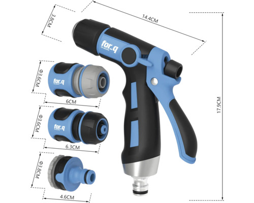 For Q Logo trädgårdsspruta med anslutningsstycken och måttangivelser