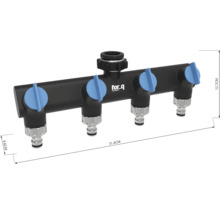 Vattenfördelare med fyra utgångar och for.q logotyp