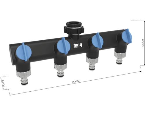 Vattenfördelare med fyra utgångar och for.q logotyp