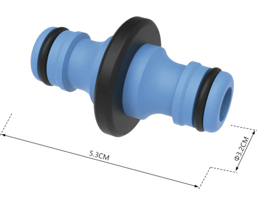 Trädgårdsslangkoppling med måtten 5,3 cm längd och 3,2 cm diameter
