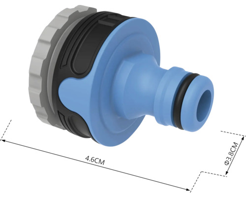 Trädgårdsslangkoppling med måtten 4,6 cm längd och 3,8 cm diameter